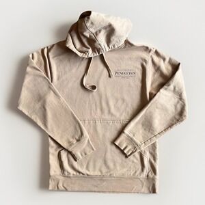 Pendleton Hoodie Mens Small Beige Fleece Pullover Sweatshirt Aztec Back Graphic